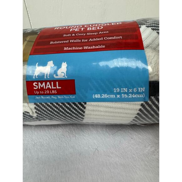 Vibrant Life Round Cuddler Small Dog / Cat Bed Black and White Plaid 19"x6", NIB - Picture 3 of 7